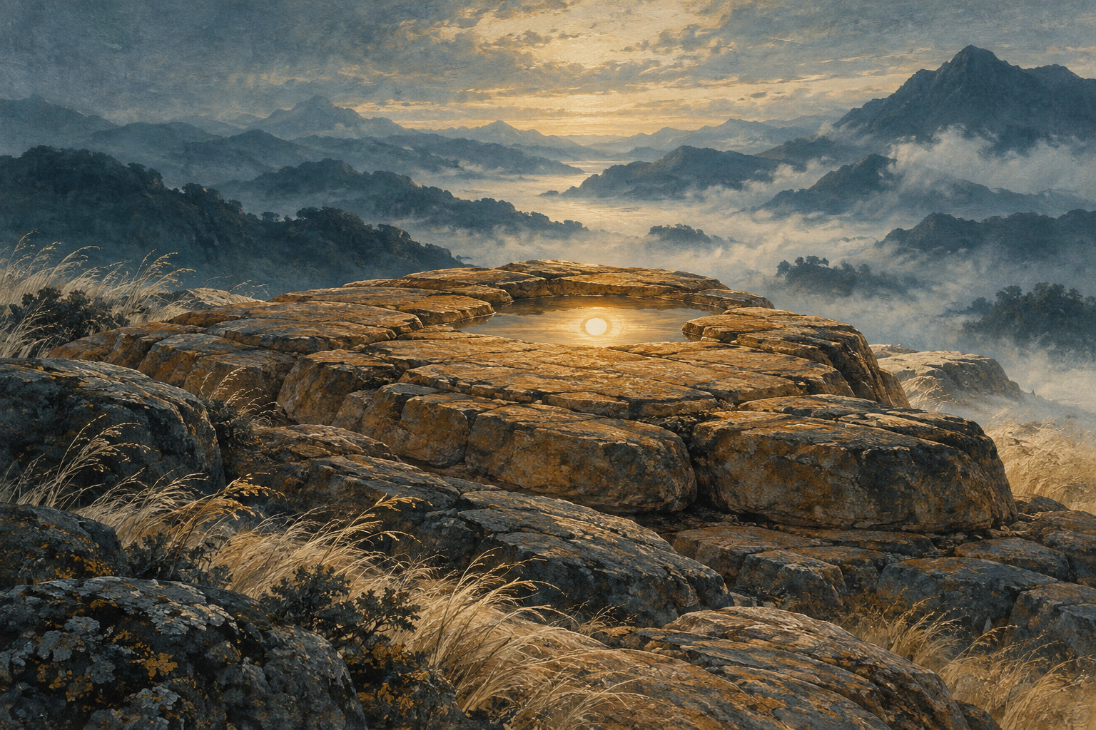 A warm stone terrace above blue mountain mist.