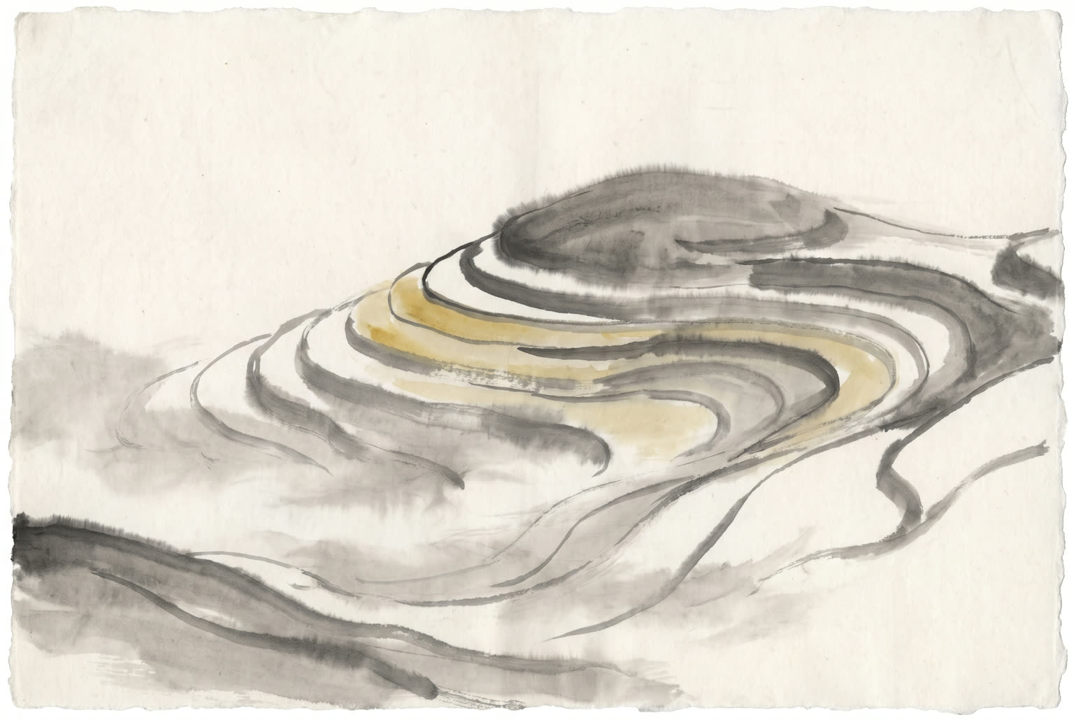 Ink painting of terraced rice fields around a low hill, washed in ochre