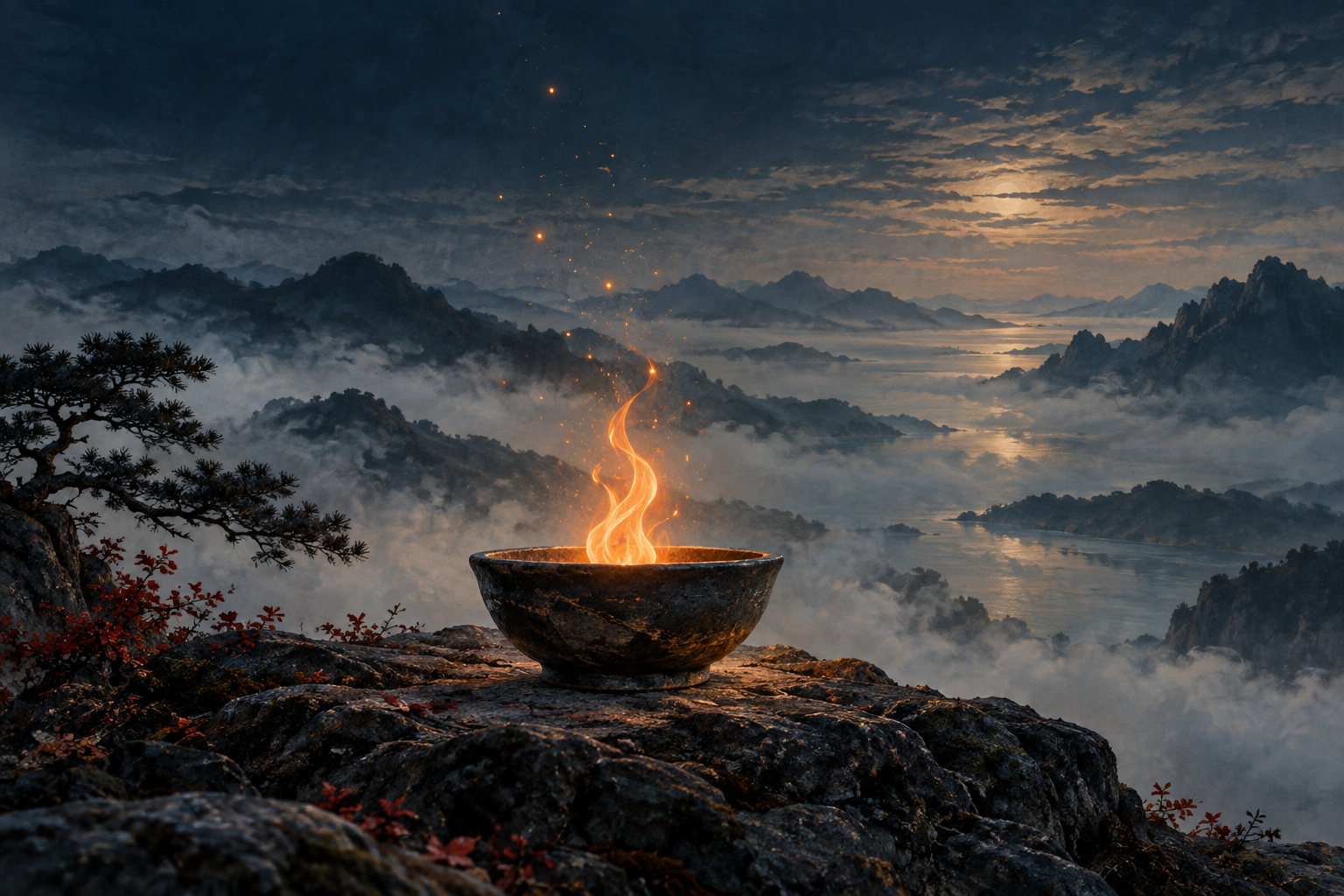 A small flame lighting a bowl above a mountain valley.