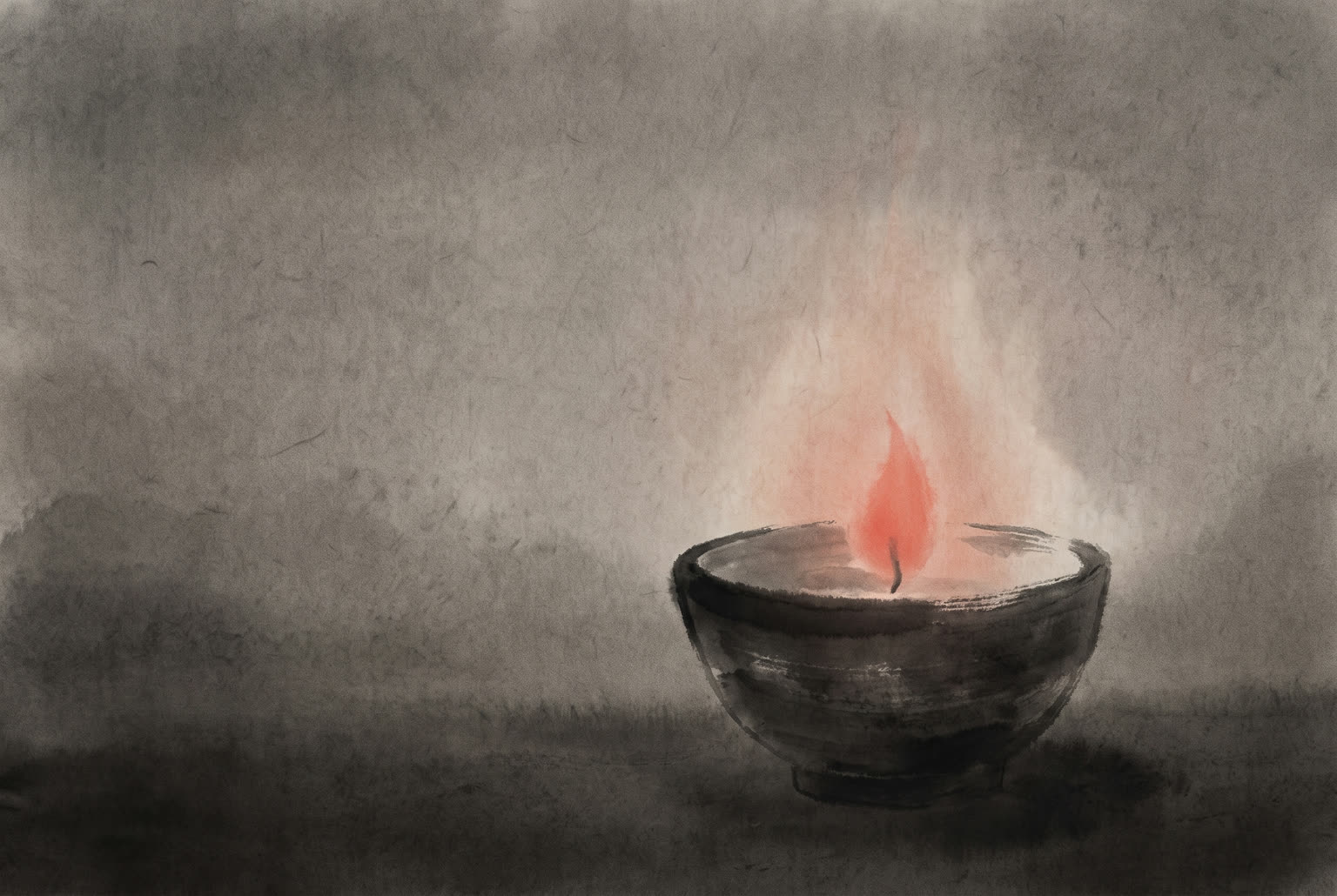Ink painting of one candle flame in a dark bowl at dusk