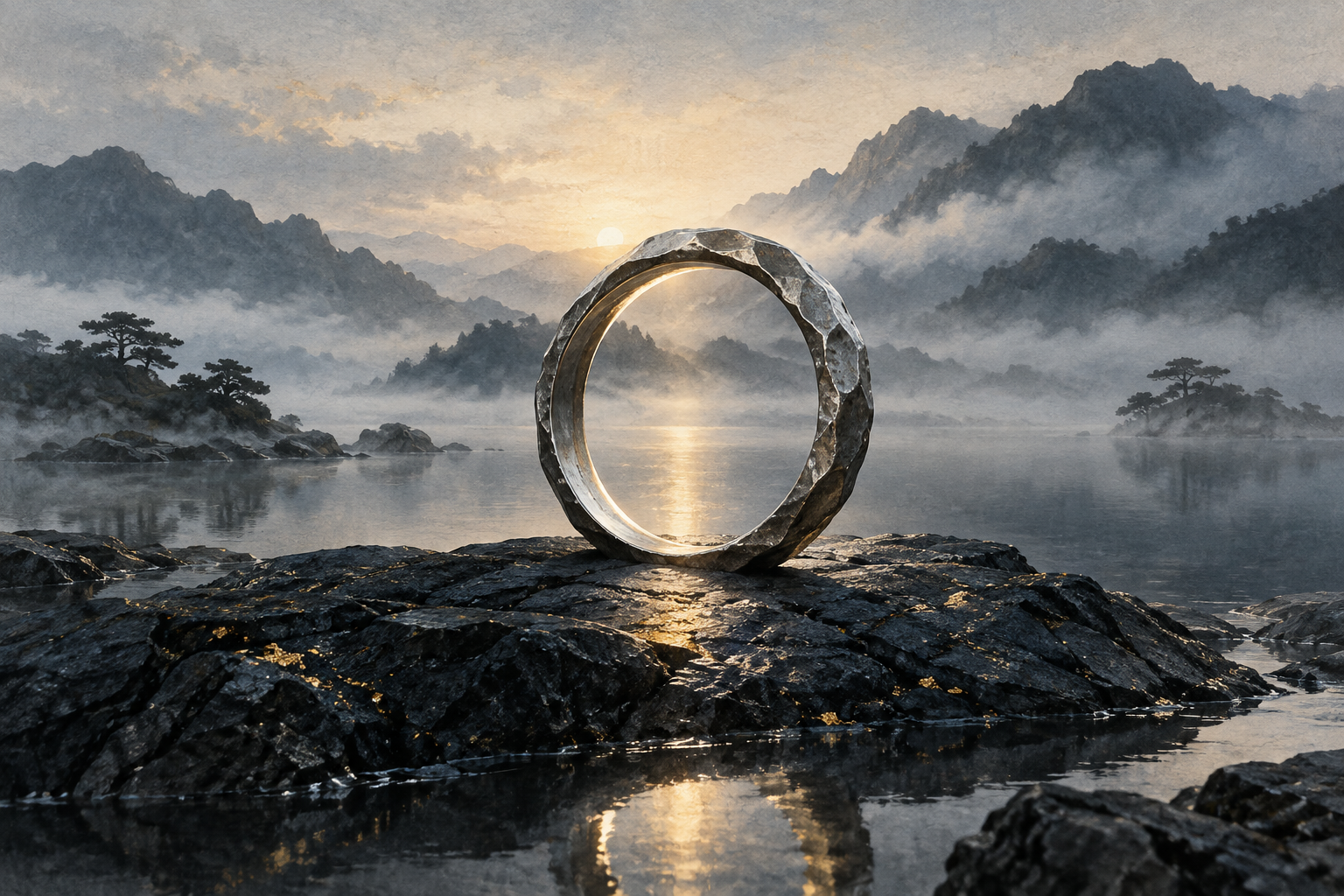 A sculptural silver ring framing a misty lake.
