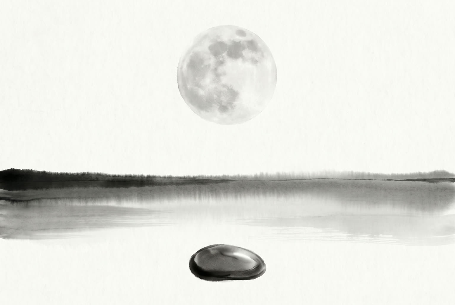 Ink painting of an autumn moon above a still lake and a polished stone