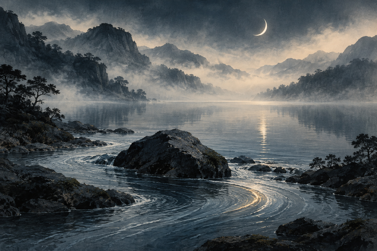 A crescent moon above a lake and the water flowing around a stone.