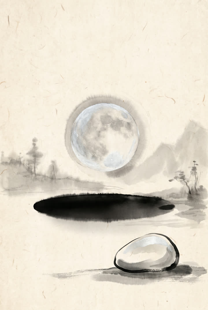 Ink painting of an autumn moon above a still lake and a polished stone
