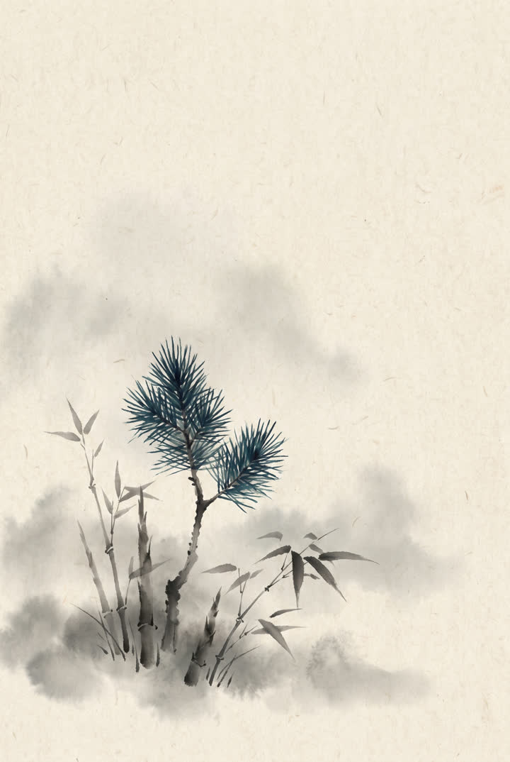 Ink painting of a young pine and bamboo in spring mist