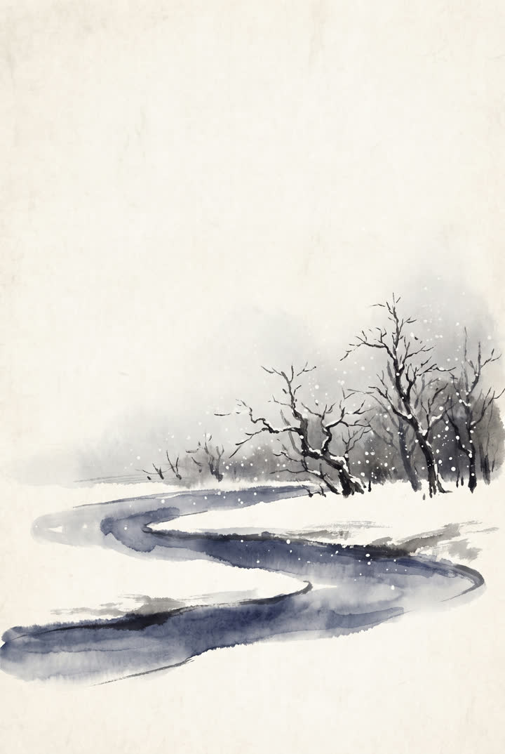 Ink painting of a winter river bend under falling snow