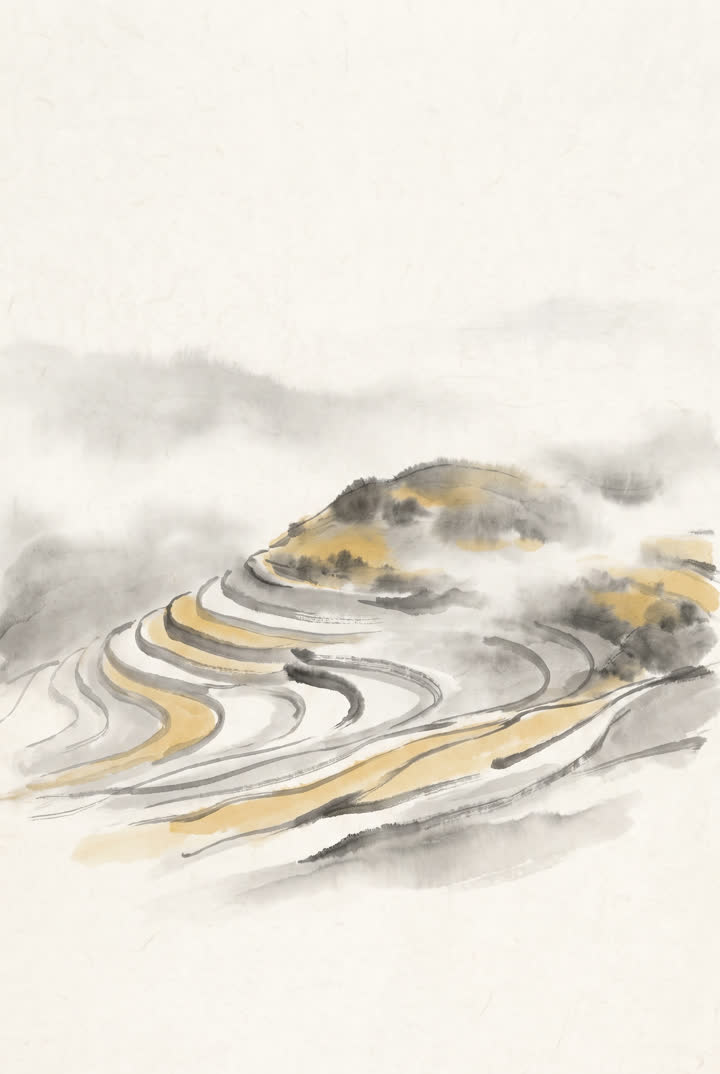 Ink painting of terraced fields around a low hill