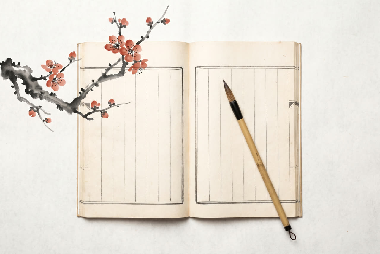 Ink painting of an open almanac with a brush resting on it and a plum blossom branch