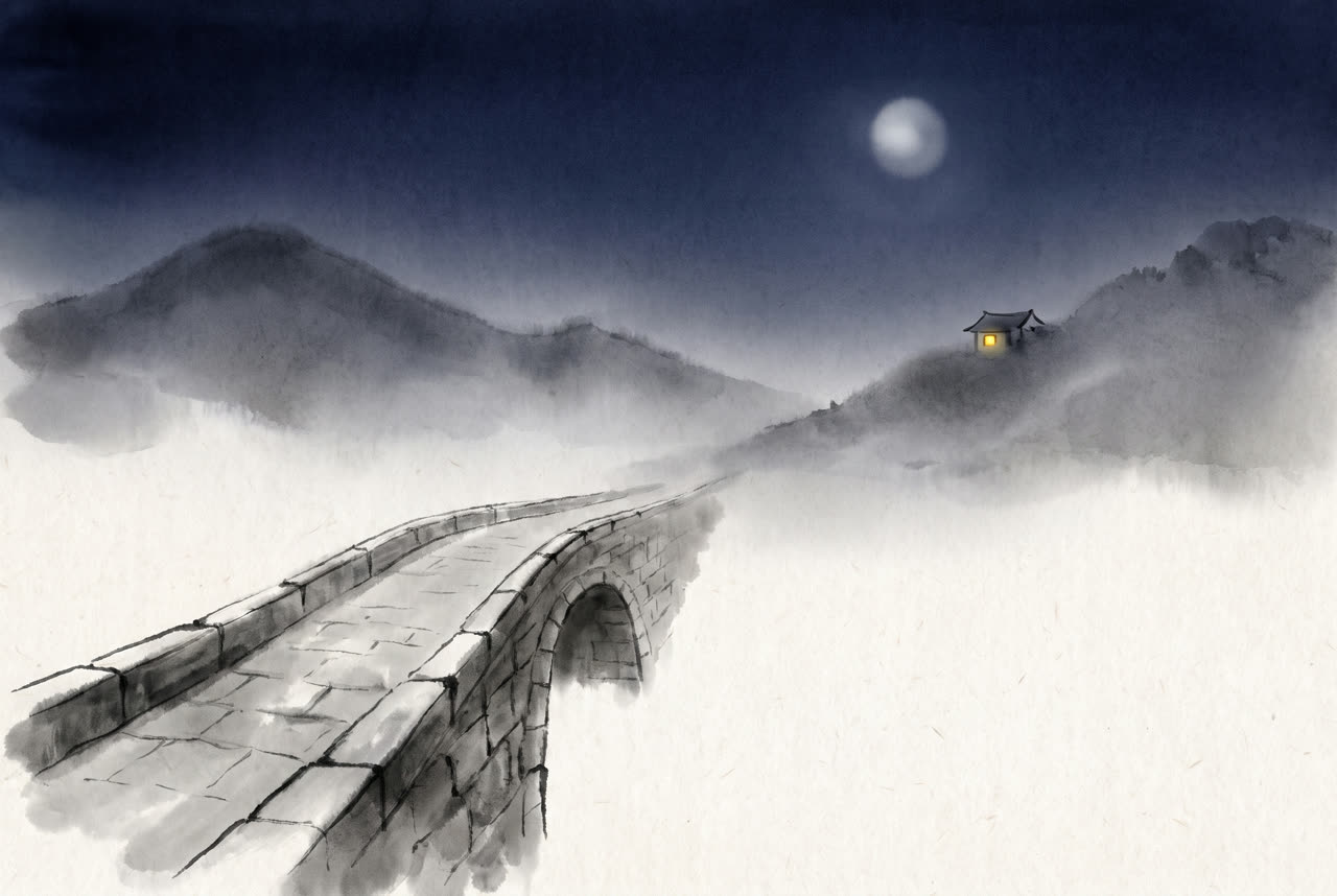Ink painting of a moonlit stone bridge fading into mist, one lit window far away