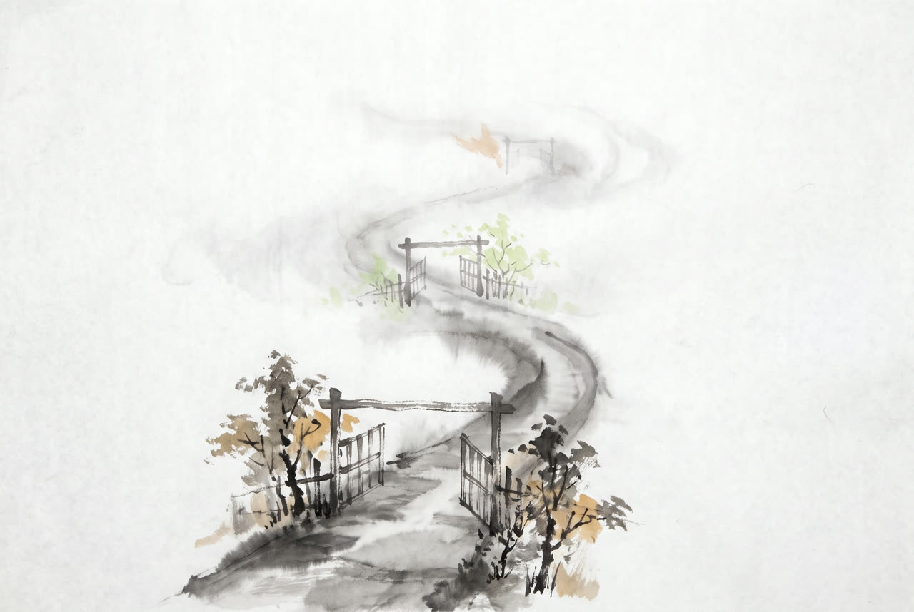 Ink painting of a mountain path passing through three wooden gates into mist