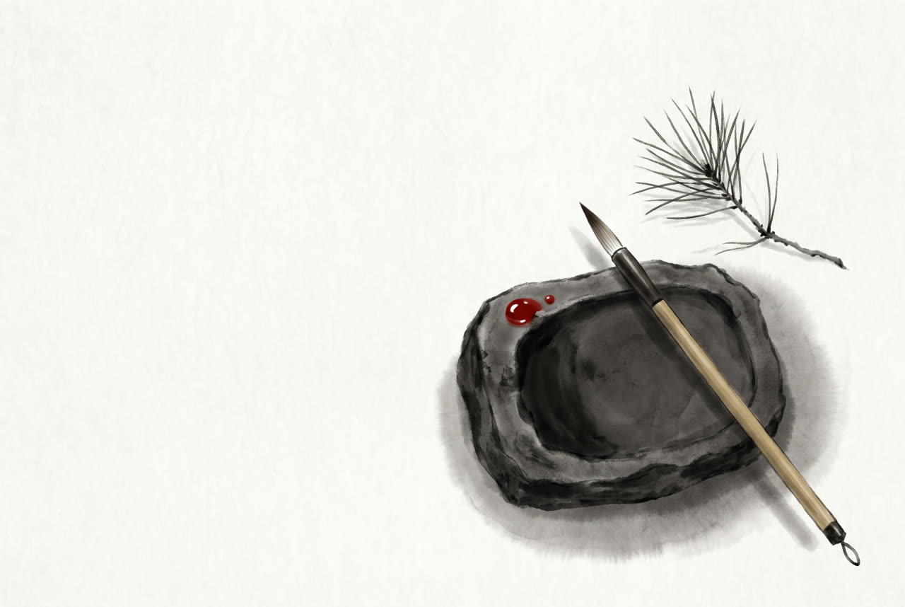 Ink painting of an inkstone, a brush and a pine sprig laid on paper