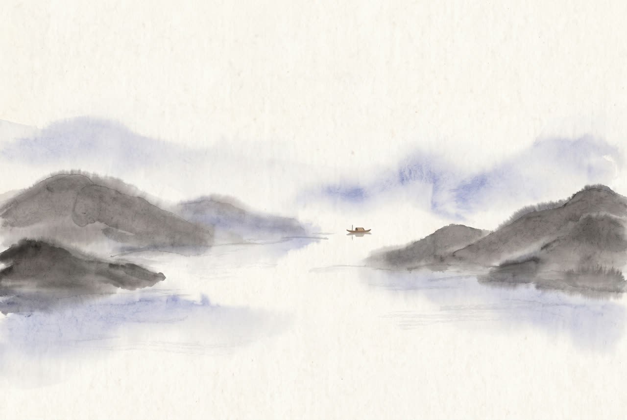 Ink painting of a wide river in dawn mist between low mountains