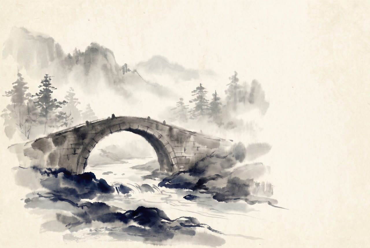 Ink painting of an arched stone bridge over a mountain river in mist