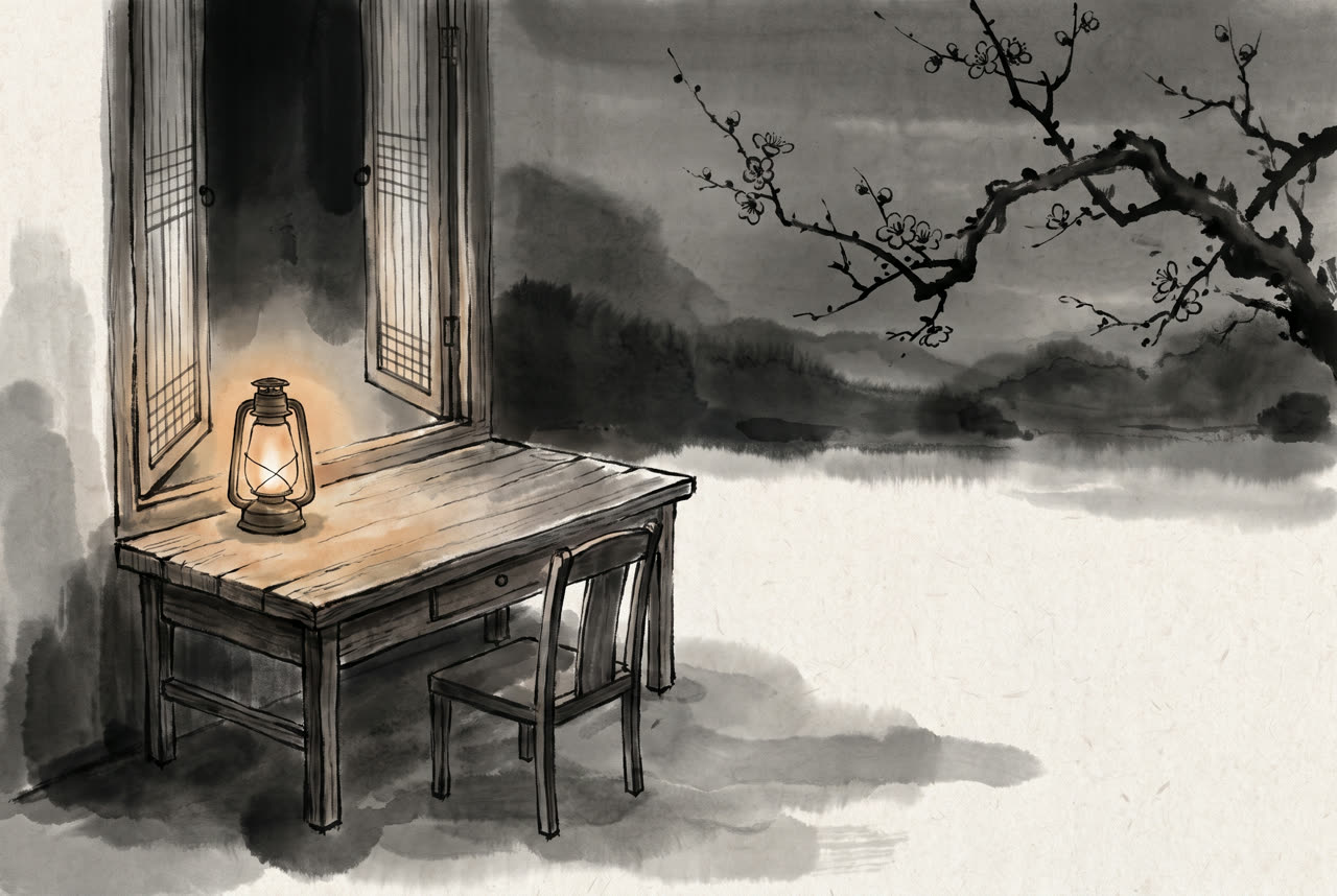 Ink painting of a lantern-lit writing desk by an open window at night
