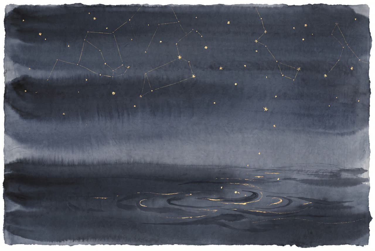 Ink painting of night water under a sky of golden constellations
