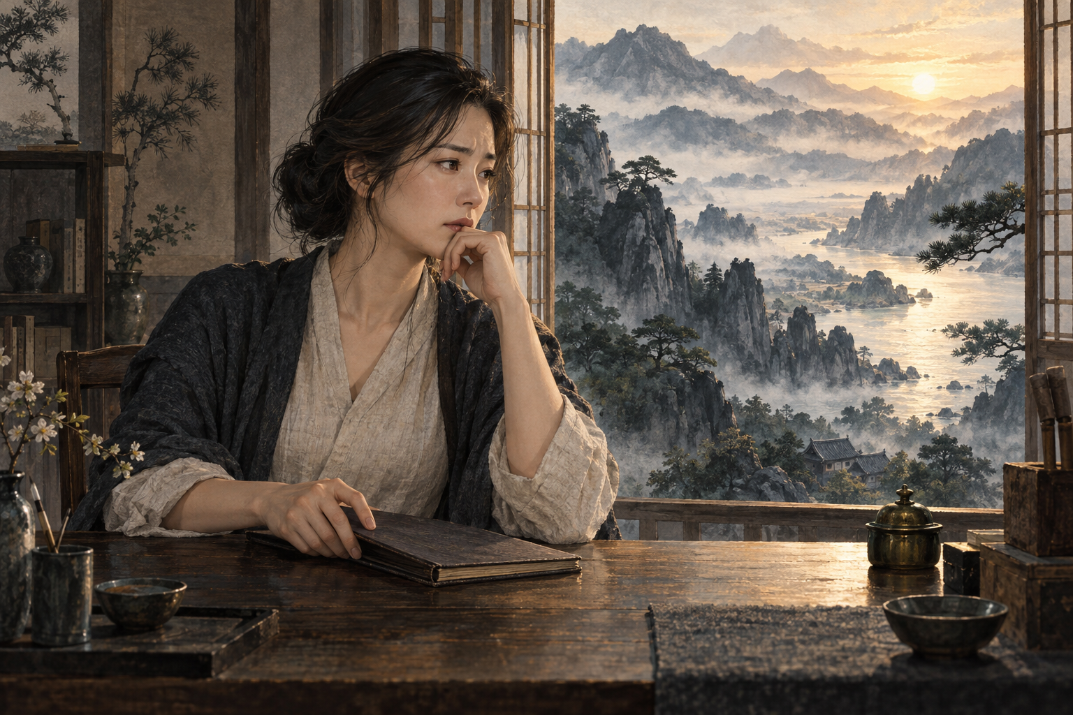A thoughtful woman closes a ledger at a desk above a misty valley.