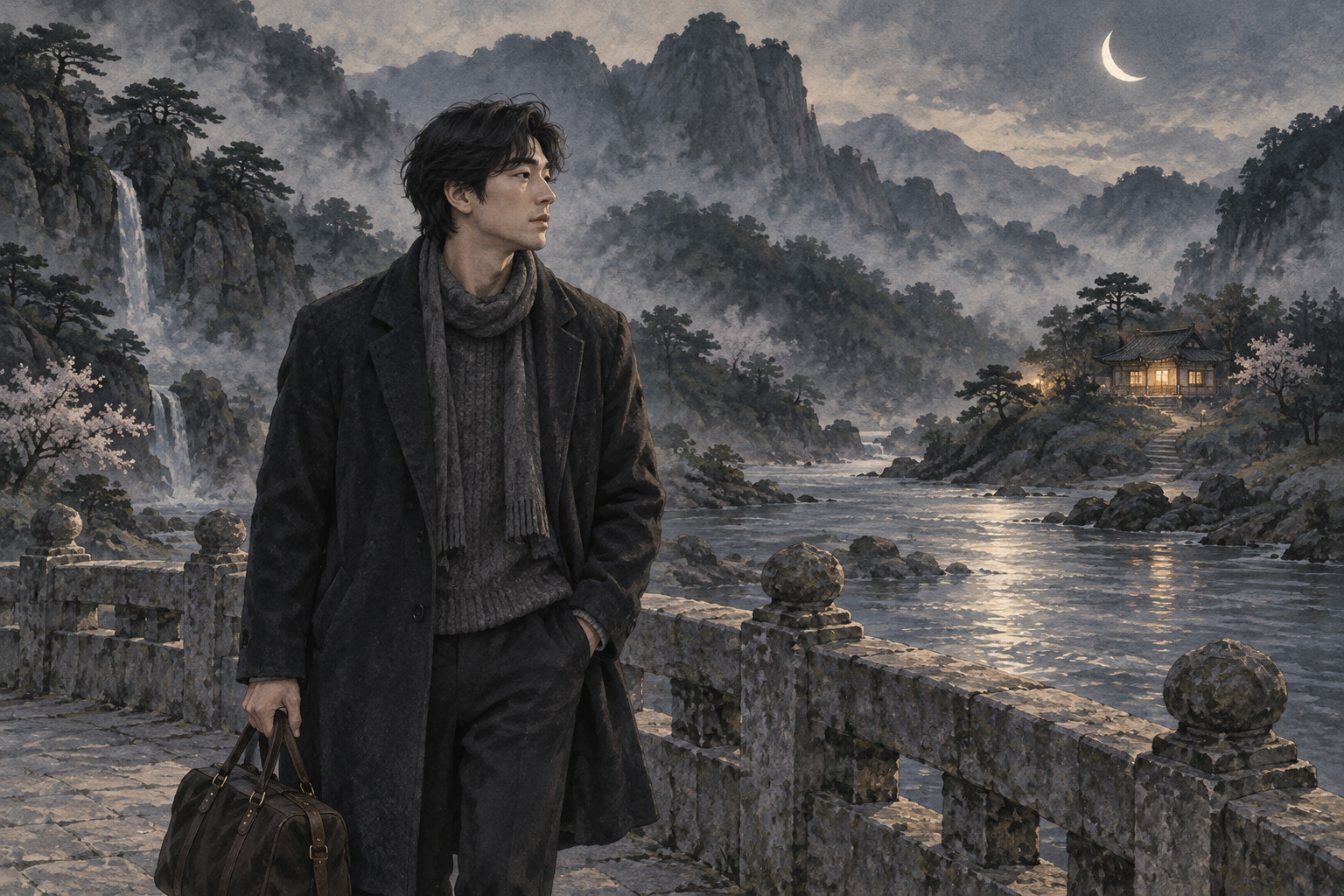 A man with a travel bag pauses on a moonlit stone bridge.